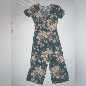 Women's Floral Print V-Neck Short Sleeve Lace Shoulder Jumpsuit
